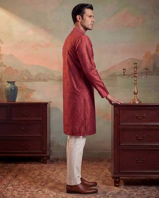 Mens maroon jacquard woven design straight kurta 4