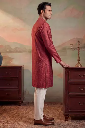 Mens maroon jacquard woven design straight kurta
