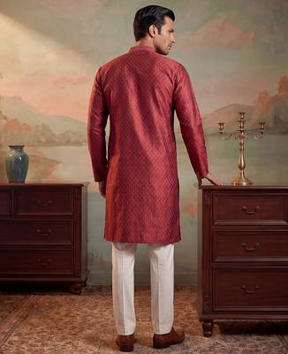 Mens maroon jacquard woven design straight kurta 5