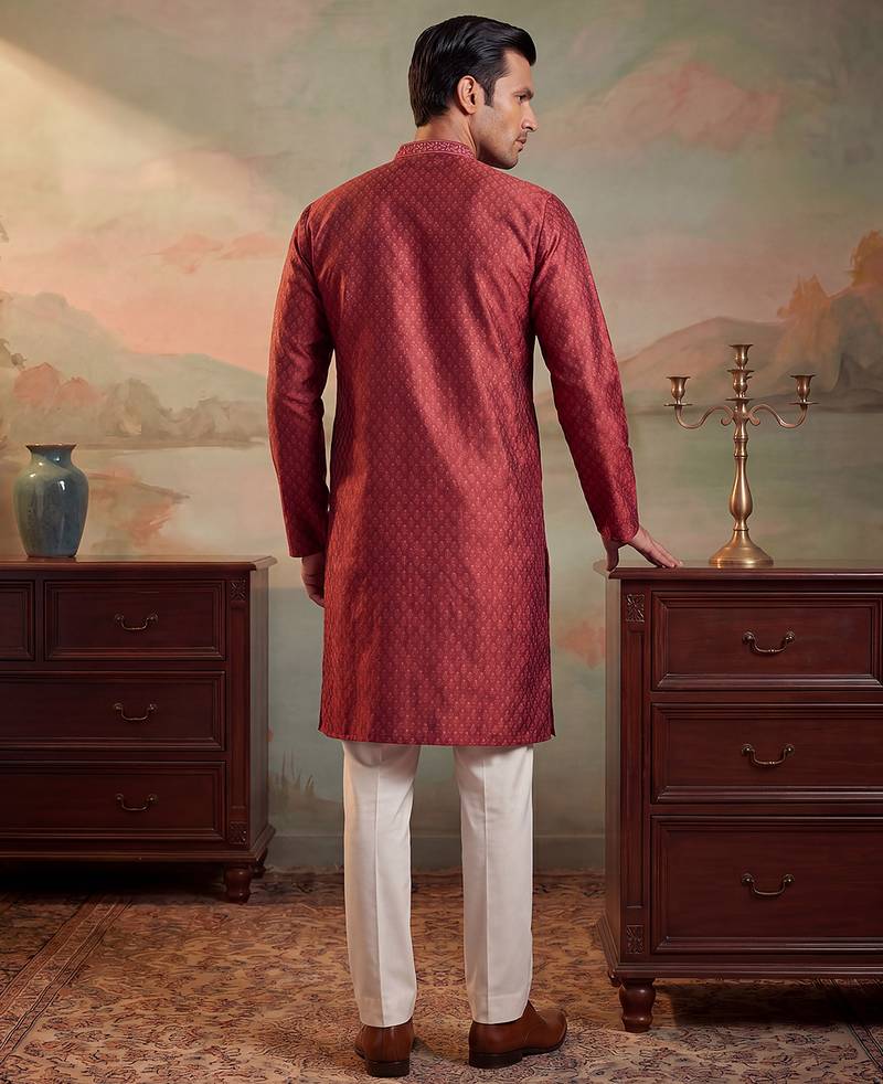 Mens maroon jacquard woven design straight kurta