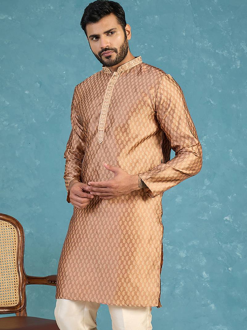 Mens brown jacquard woven design straight kurta