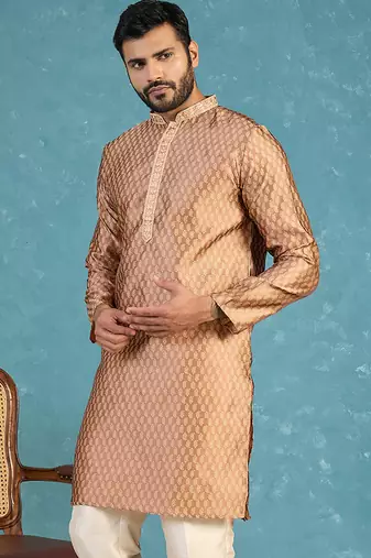 Mens brown jacquard woven design straight kurta