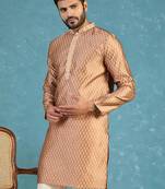 Mens brown jacquard woven design straight kurta