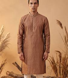 Mens brown jacquard woven design straight kurta