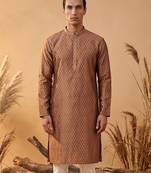 Mens brown jacquard woven design straight kurta