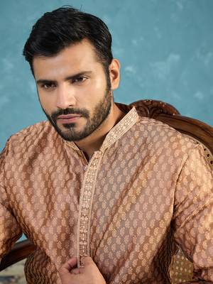 Mens brown jacquard woven design straight kurta 2