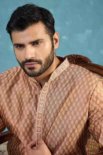 Mens brown jacquard woven design straight kurta