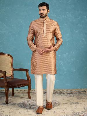 Mens brown jacquard woven design straight kurta 3