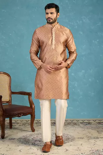 Mens brown jacquard woven design straight kurta