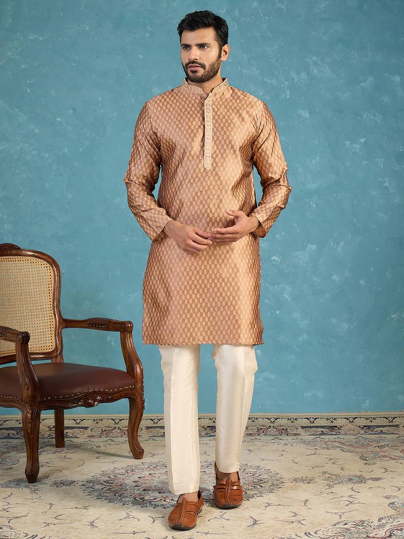 Mens brown jacquard woven design straight kurta