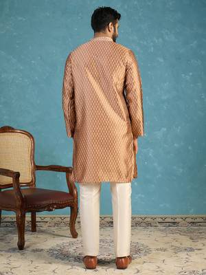 Mens brown jacquard woven design straight kurta 4