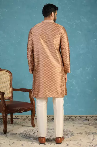 Mens brown jacquard woven design straight kurta