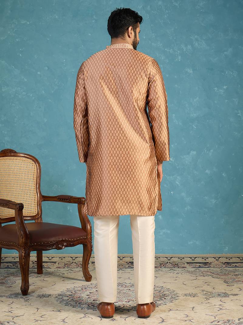 Mens brown jacquard woven design straight kurta