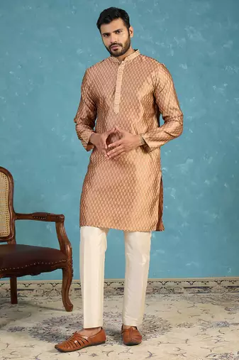 Mens brown jacquard woven design straight kurta