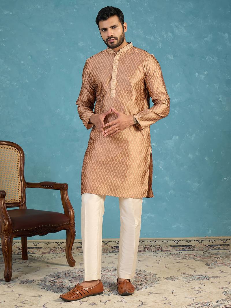 Mens brown jacquard woven design straight kurta