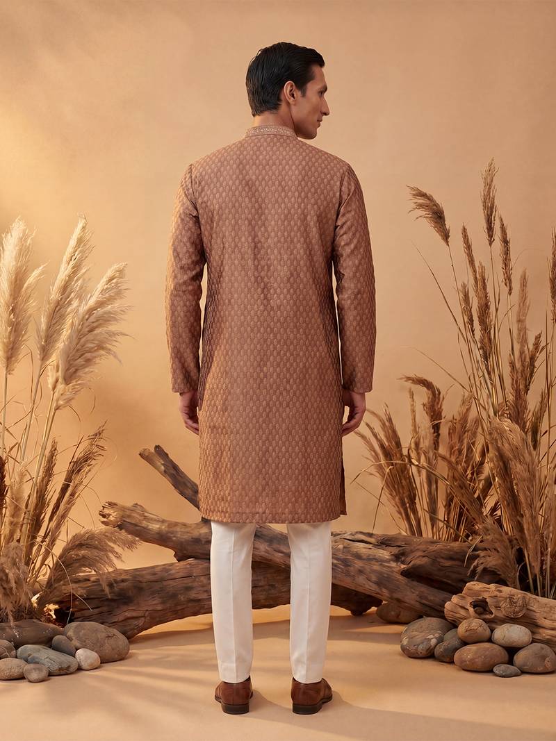 Mens brown jacquard woven design straight kurta