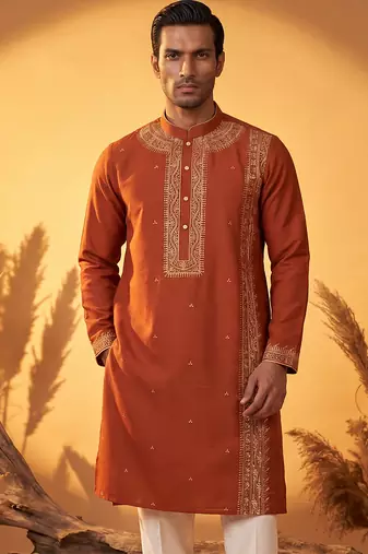 Mens orange silk blend solid emboidered straight kurta