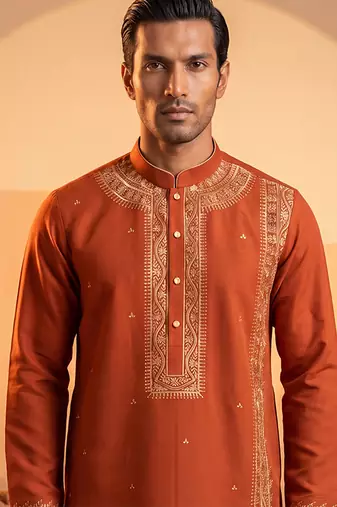 Mens orange silk blend solid emboidered straight kurta