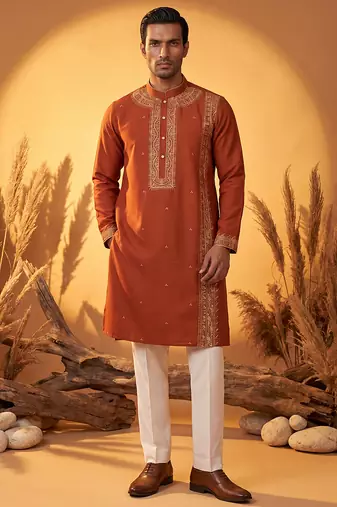 Mens orange silk blend solid emboidered straight kurta