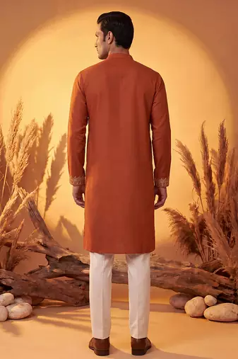 Mens orange silk blend solid emboidered straight kurta