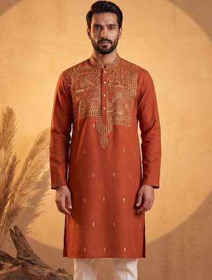 Mens orange silk blend solid emboidered straight kurta 1