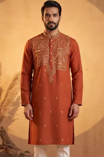 Mens orange silk blend solid emboidered straight kurta