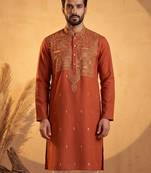 Mens orange silk blend solid emboidered straight kurta