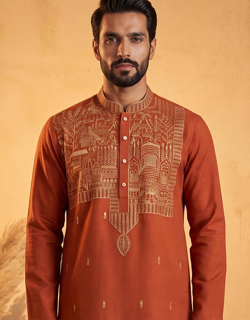 Mens orange silk blend solid emboidered straight kurta