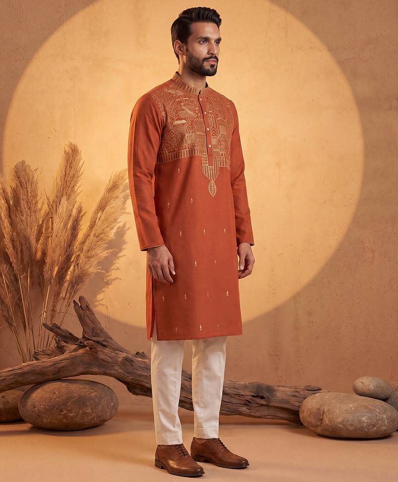 Mens orange silk blend solid emboidered straight kurta