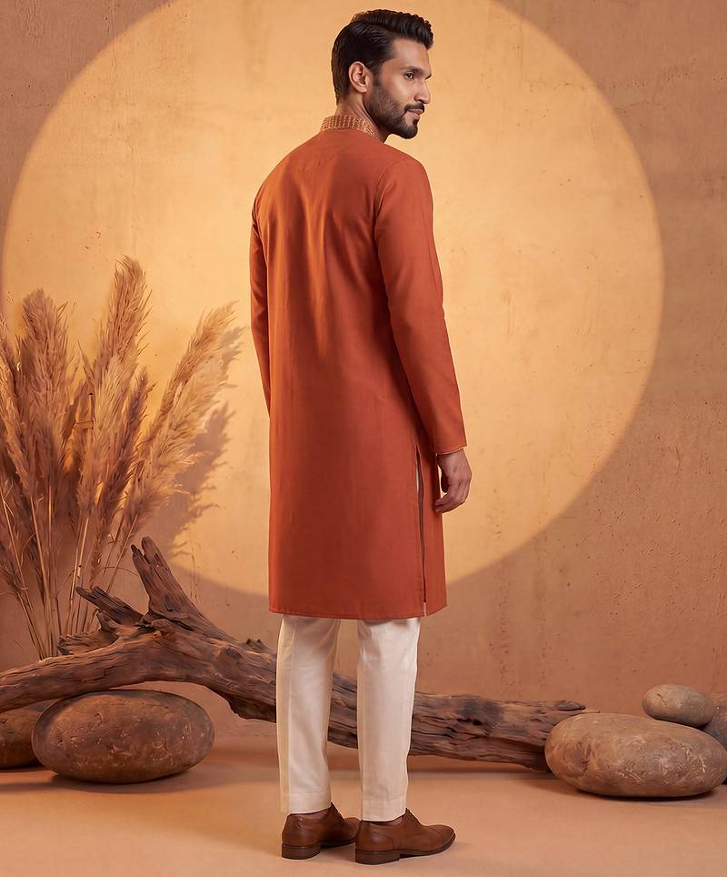Mens orange silk blend solid emboidered straight kurta