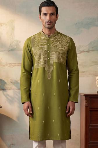 Mens green silk blend solid emboidered straight kurta