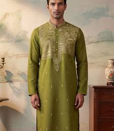Mens green silk blend solid emboidered straight kurta