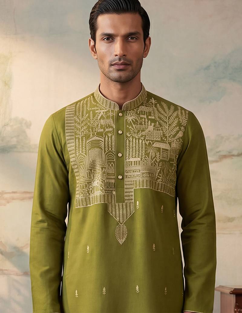 Mens green silk blend solid emboidered straight kurta