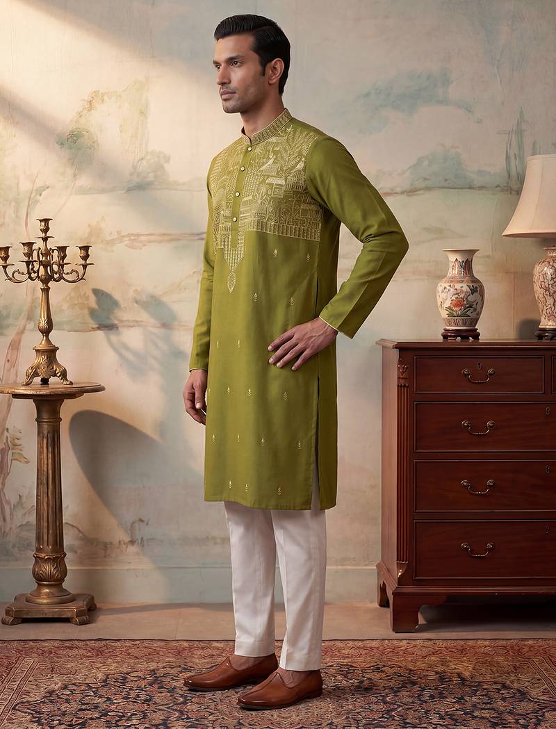 Mens green silk blend solid emboidered straight kurta