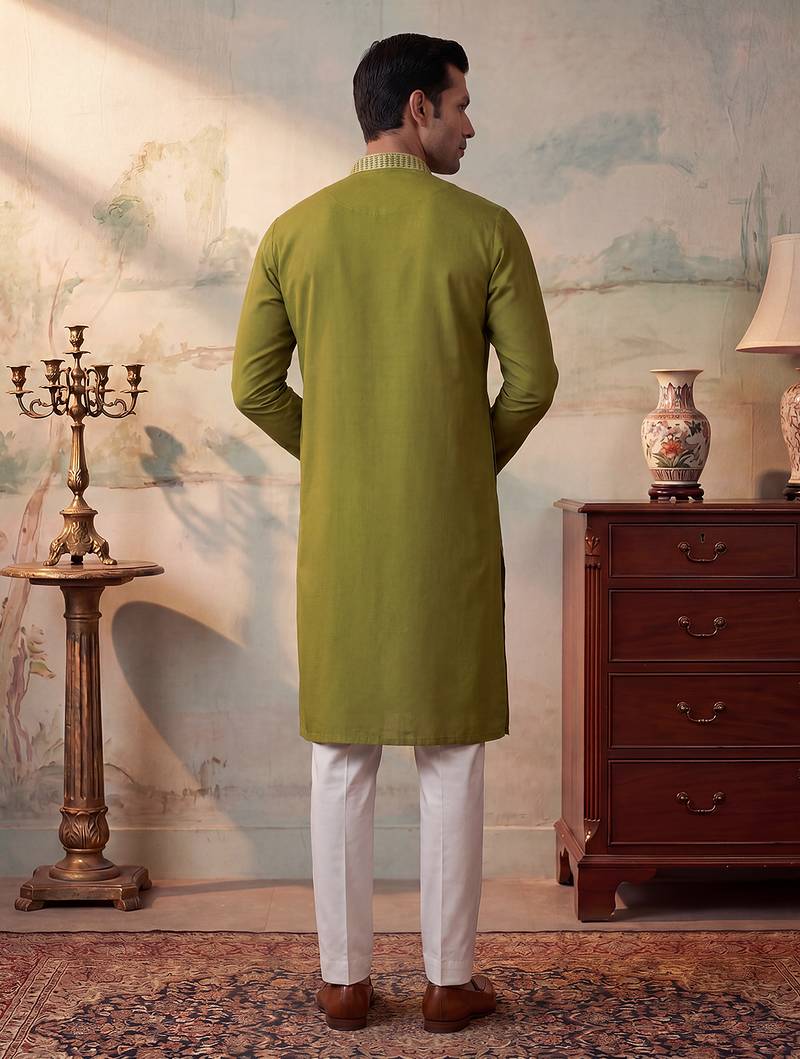 Mens green silk blend solid emboidered straight kurta