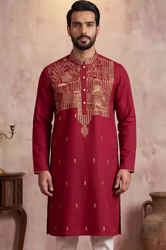 Mens red silk blend solid emboidered straight kurta