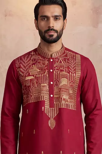 Mens red silk blend solid emboidered straight kurta