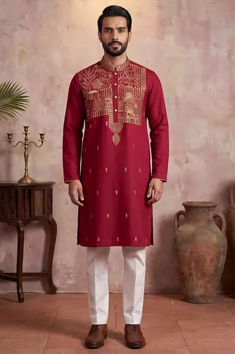 Mens red silk blend solid emboidered straight kurta