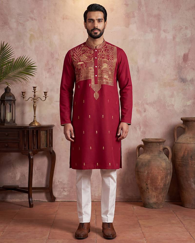 Mens red silk blend solid emboidered straight kurta