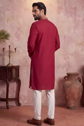Mens red silk blend solid emboidered straight kurta