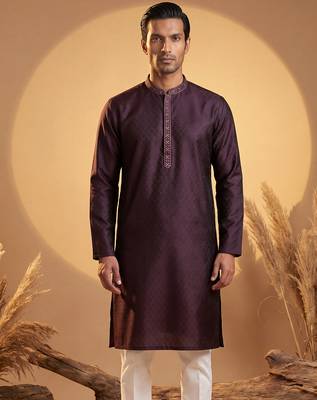 Mens purple silk blend woven design straight kurta with trouser 1