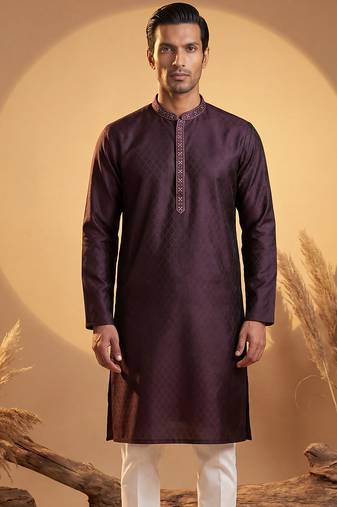 Mens purple silk blend woven design straight kurta with trouser