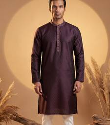 Mens purple silk blend woven design straight kurta with trouser