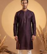Mens purple silk blend woven design straight kurta with trouser