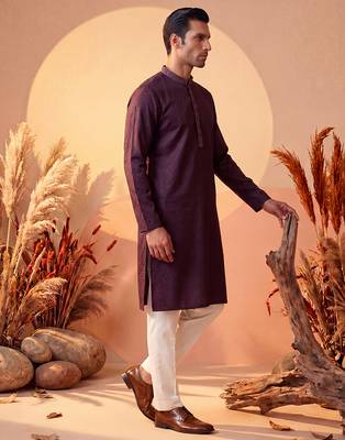 Mens purple silk blend woven design straight kurta with trouser 4