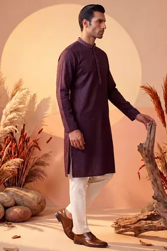 Mens purple silk blend woven design straight kurta with trouser