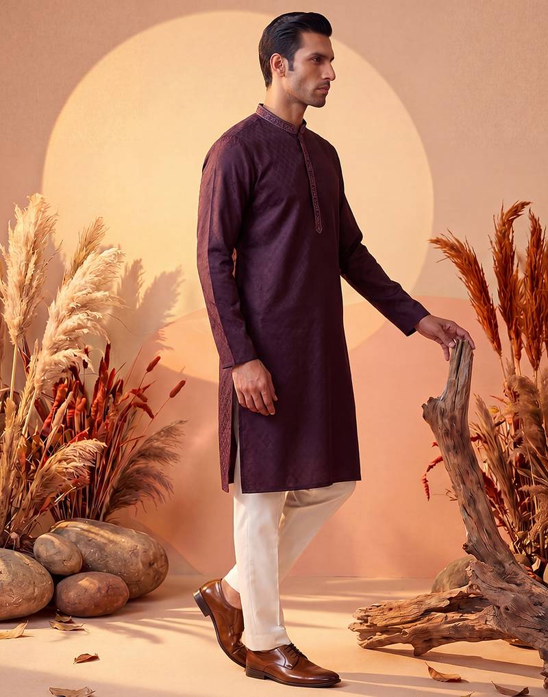 Mens purple silk blend woven design straight kurta with trouser