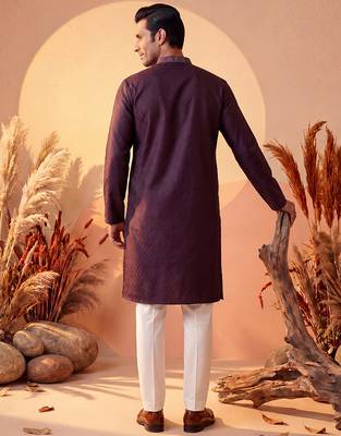 Mens purple silk blend woven design straight kurta with trouser 5