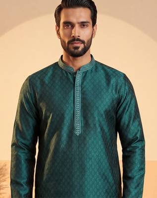 Mens green silk blend woven design straight kurta with trouser 2