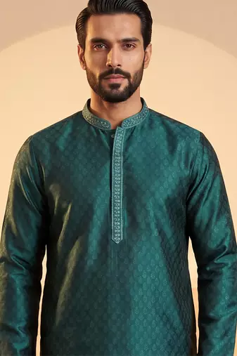 Mens green silk blend woven design straight kurta with trouser